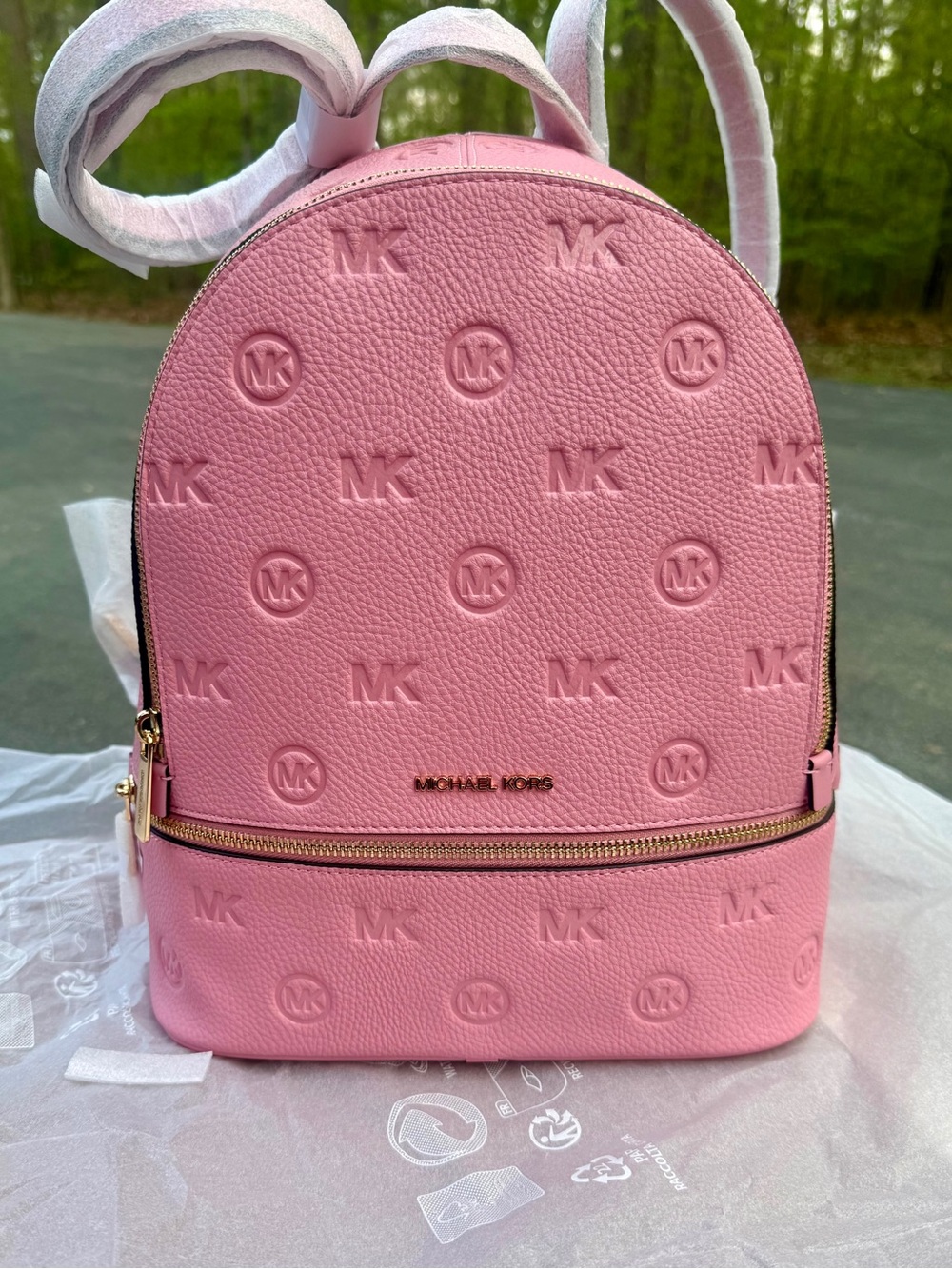 Michael Kors medium rhea Pink Embossed Logo Mini Backpack with Gold Hardware